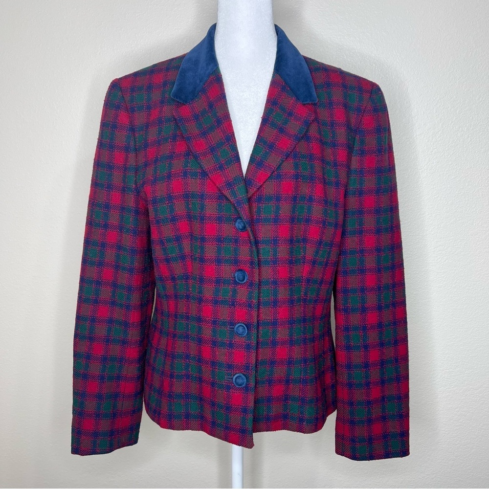 Vintage Pendleton Red Blue Green Tartan Plaid Wool Velvet Trim Blazer Sz 10